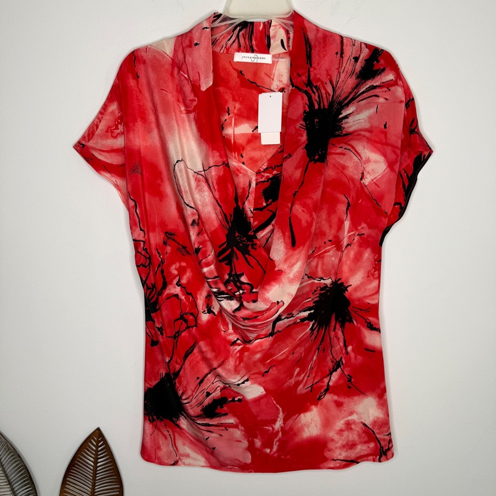 C28 Josie‎ Natori Silk Cowl Neck Blouse Red Black Labasa Floral Top R15432 NEW L